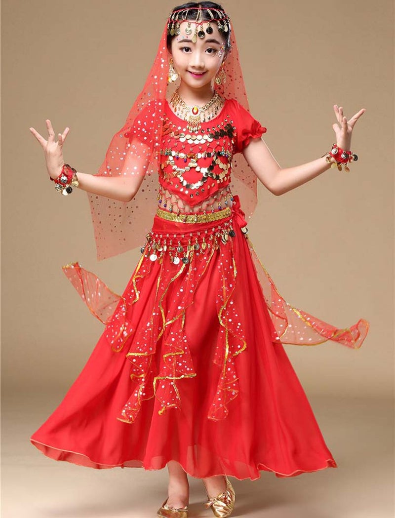 Astage Girl Belly Dance Sequin Indian Dance Costume Halloween Wear Red S(6Y-8Y) - Image 2